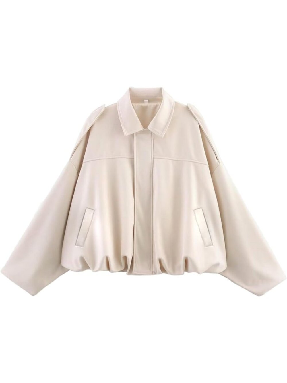 Women's Beige Faux Suede Oversized Collar Cropped Batwing Sleeves Bomber Jacket